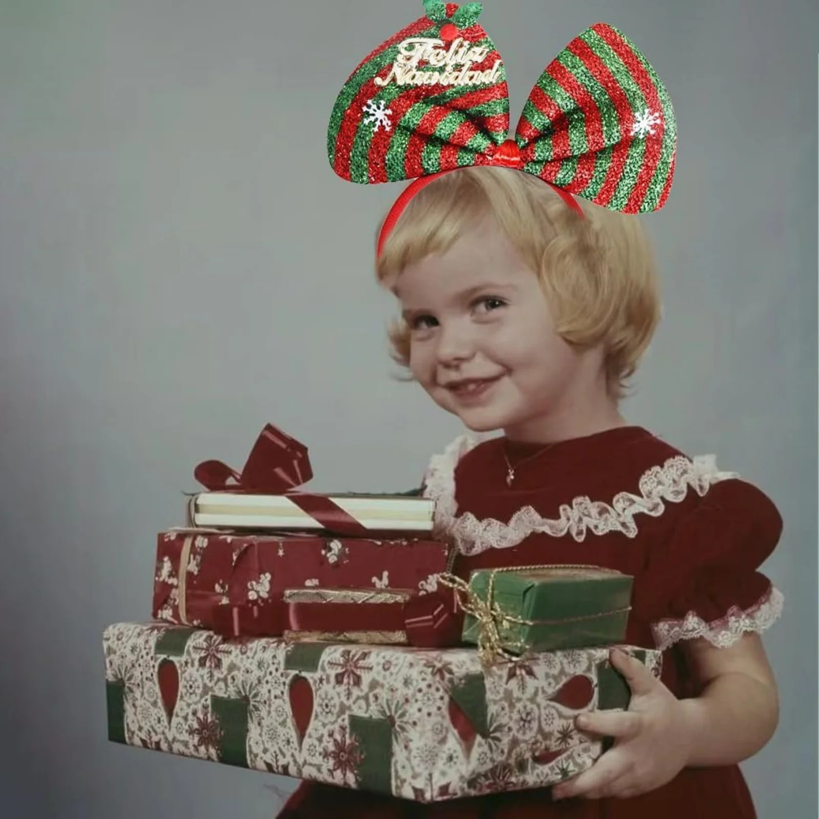 1PC  Christmas Bow Headband - Glitter Red Green Striped With Snowflake Decor, Xmas Holiday Party Hair Accessory For Women