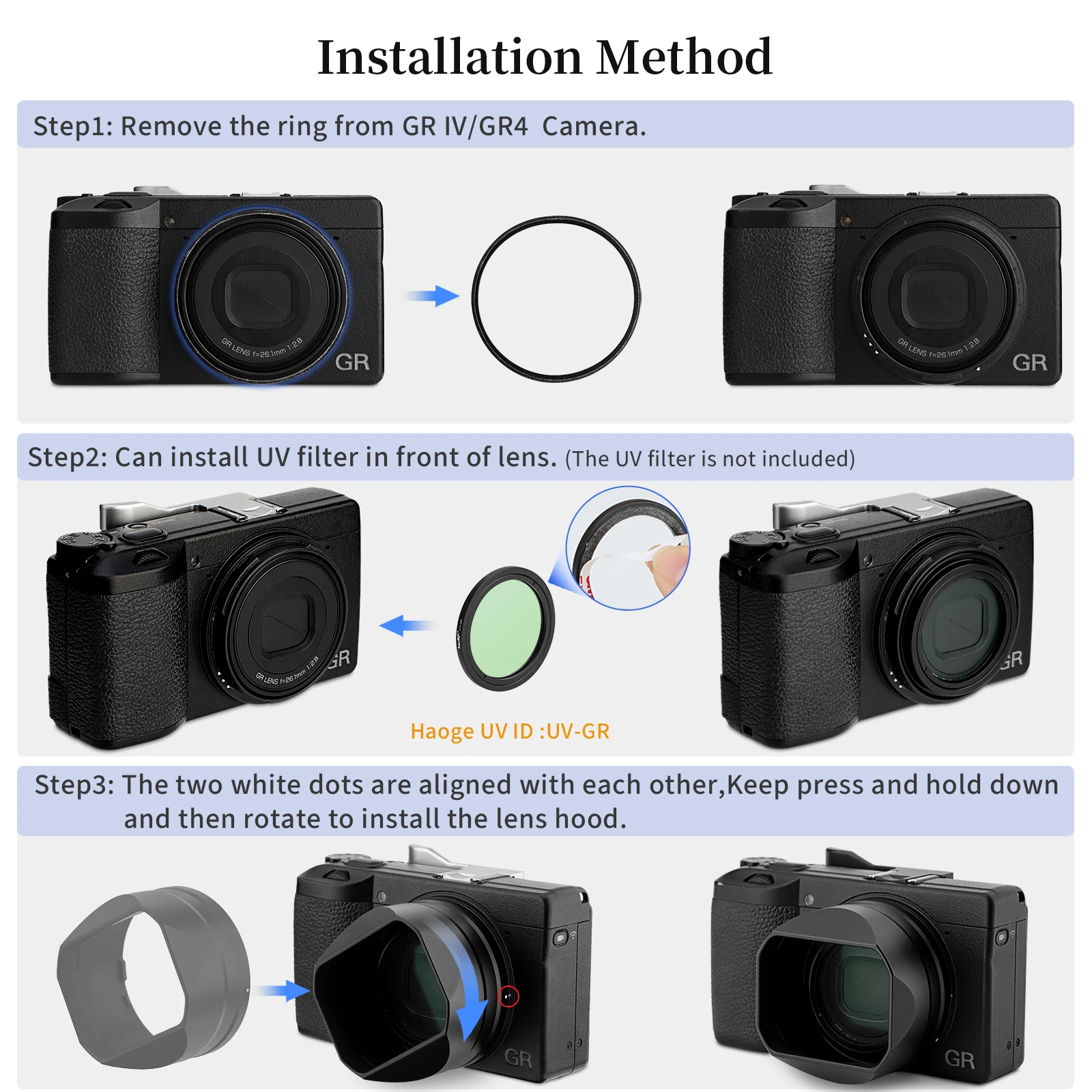 Haoge Metal Square Lens Hoods for RICOH GRIV GR4 Camera
