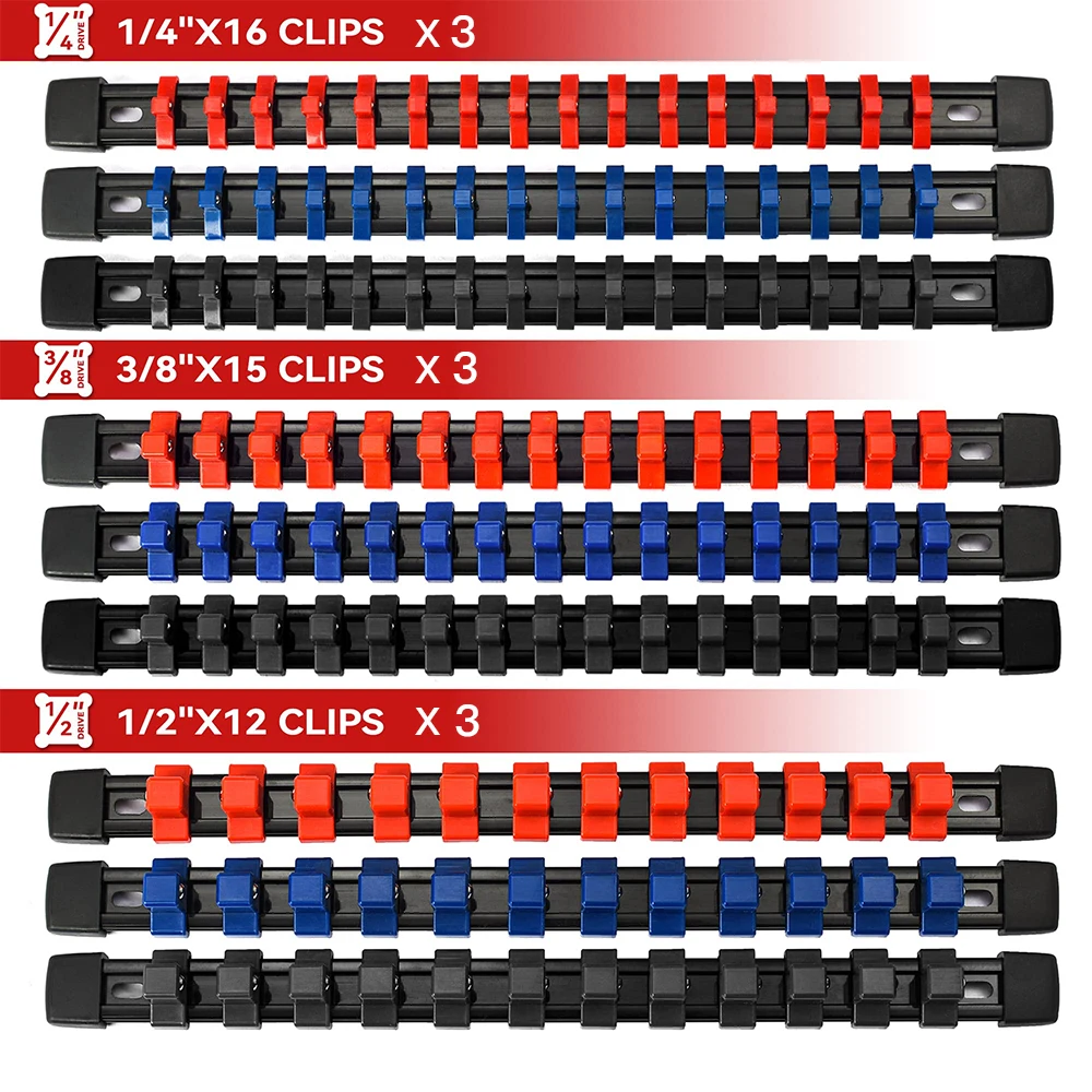 ABS Socket Organizer 1 2 inch 3 8 inch and 1 4 Clip Drive Socket Rail Holders Heavy Duty Socket Racks with Red Blue Black Clips