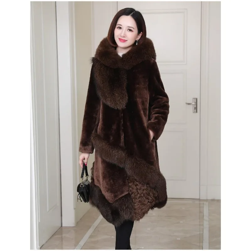 2023 Winter New Mink-like Coat Middle-Aged Women Long Below The Knee Lamb Wool Fur Outcoat Female Fashion Hooded Warm Outwear