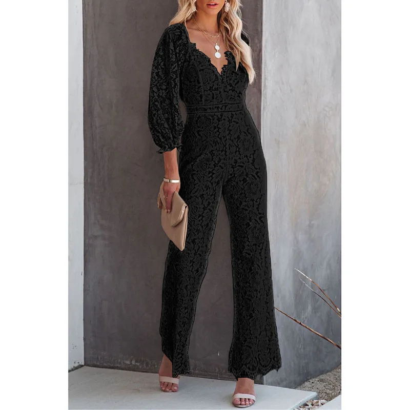 Autumn and winter women explosions nine-point sleeve V-neck slim lace jumpsuit