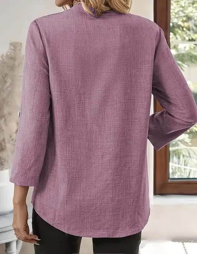 Spring and Summer New Shirts Women's Loose Large Size V-neck Solid Color Shirt Loose Top Long Sleeve Shirt