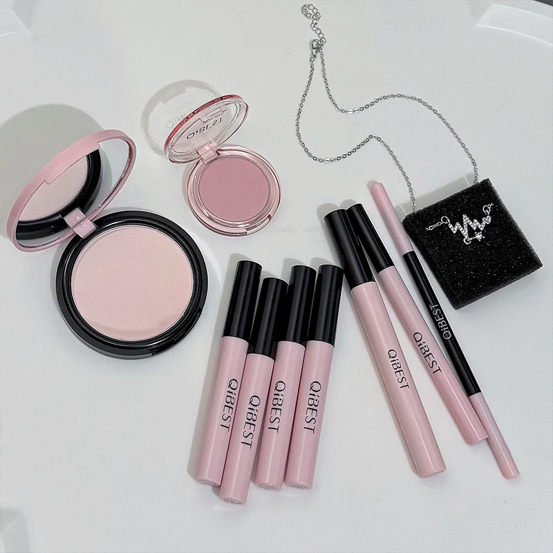 QIBEST Set trucco fotocamera rosa Rossetto Polvere pressata Fard Fango labbra Eyeliner Mascara Penna per sopracciglia Confezione regalo di bellezza Kit cosmetici - immagine 5