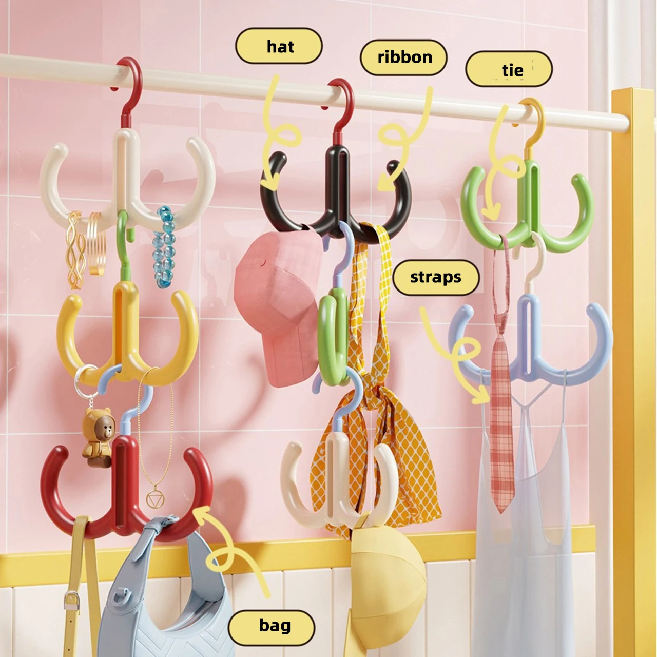 Multifunctional Rotating Clothes Hanger Portable Dopamine Hook Scarf Tie Display Organiser Rack Wardrobe Cap Handbag Holder