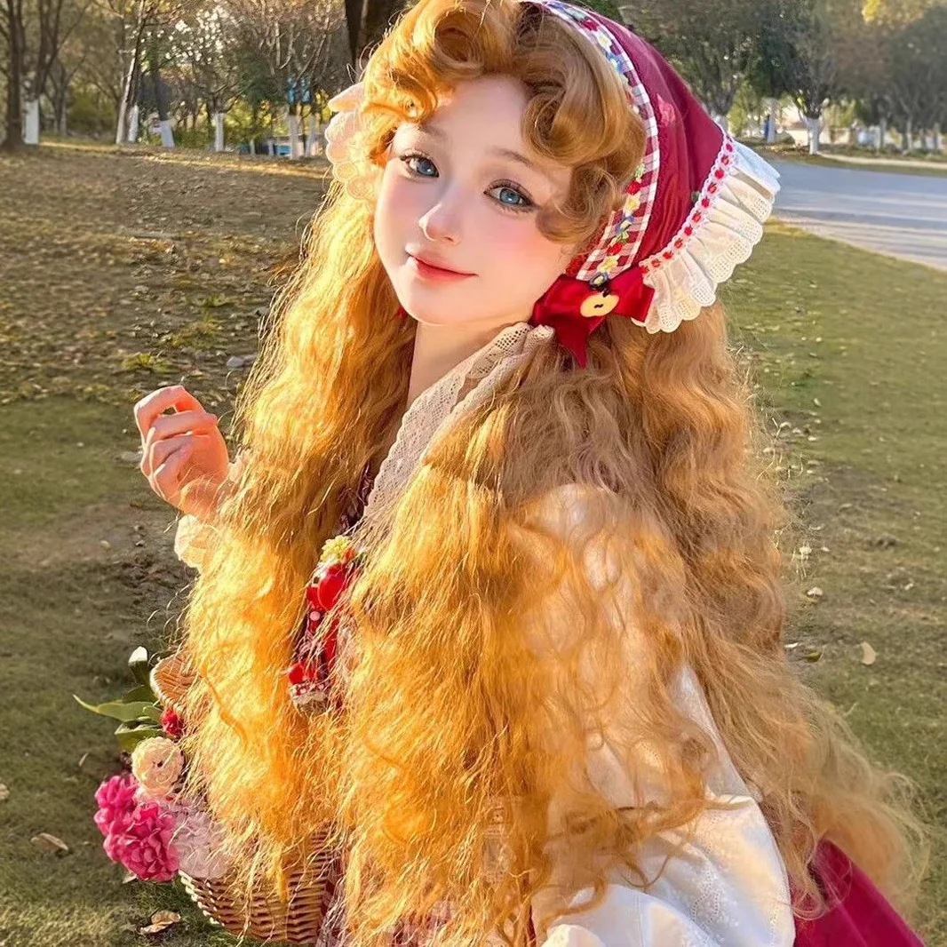 Princess Diary Wig for Women Gold Brown French Fluffy Wool Rolls Lolita Retro High Temperature Fibers Synthetic Hair Wig Cosplay
