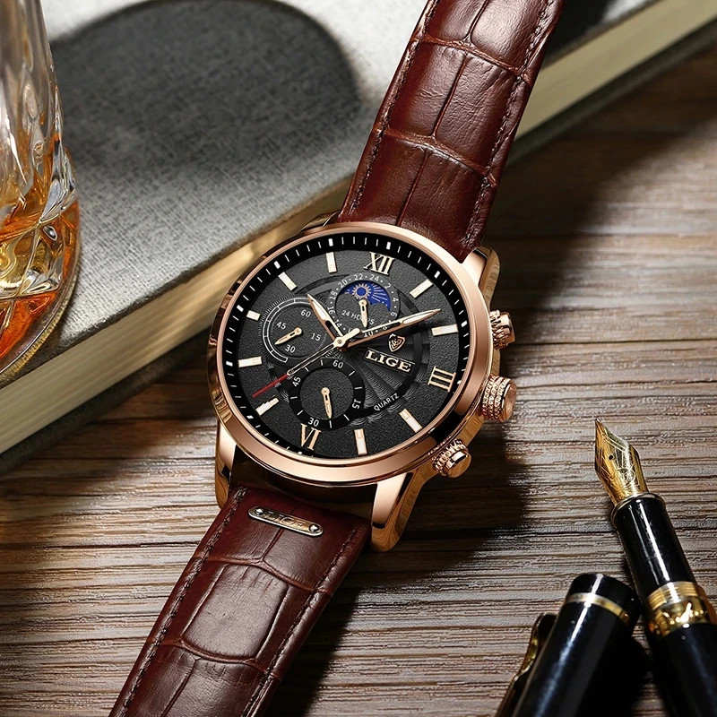 LIGE Luxury Men's Waterproof Luminous Leather Quartz Wristwatch