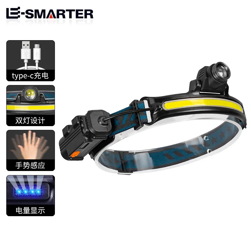 Wave Sensor LED Headlamp Powerful XPG+COB Headlight with Built-in 18650 Battery