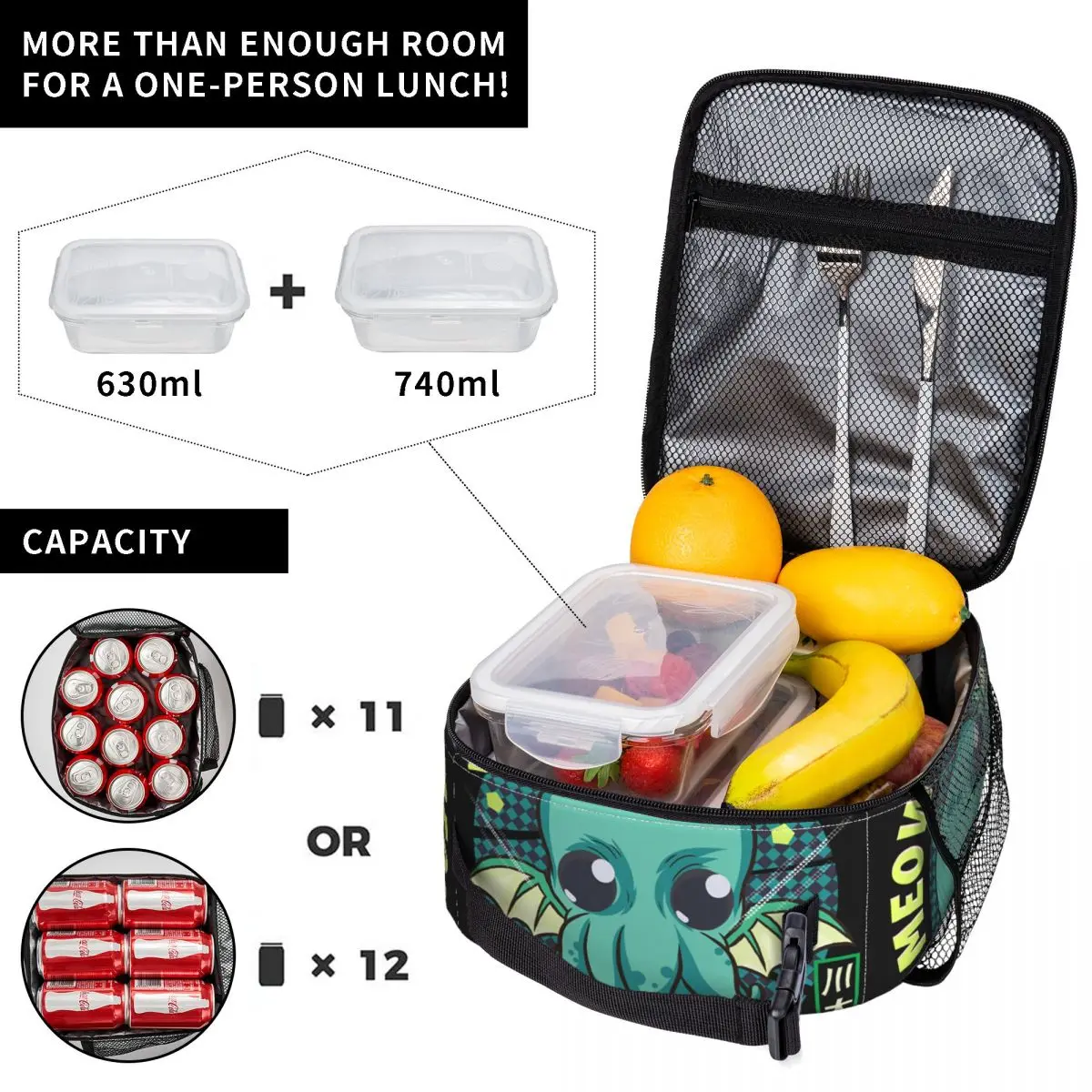 The Meow Of Cathulhu Insulated Lunch Bag for Work School Funny Satanic Cthulhu Cat Leakproof Thermal Cooler Bento Box Women Kids