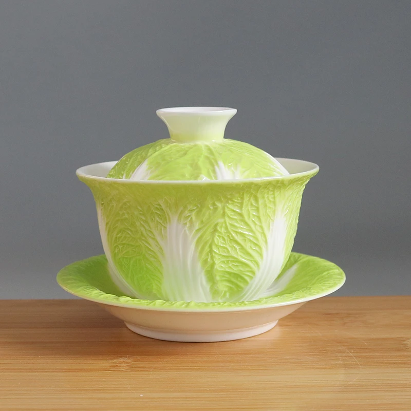 Baicai covered bowl, Yangzhi jade white porcelain tea bowl, ceramic tea set, Kung Fu teas set with lid, gaiwan 180ml，gift