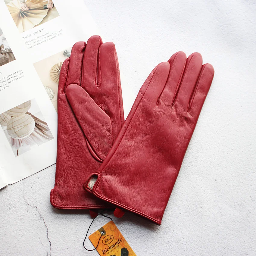 Women's Sheepskin Leather Gloves with Wool Lining - Fall/Winter Warmth for Motorcycle and Driving
