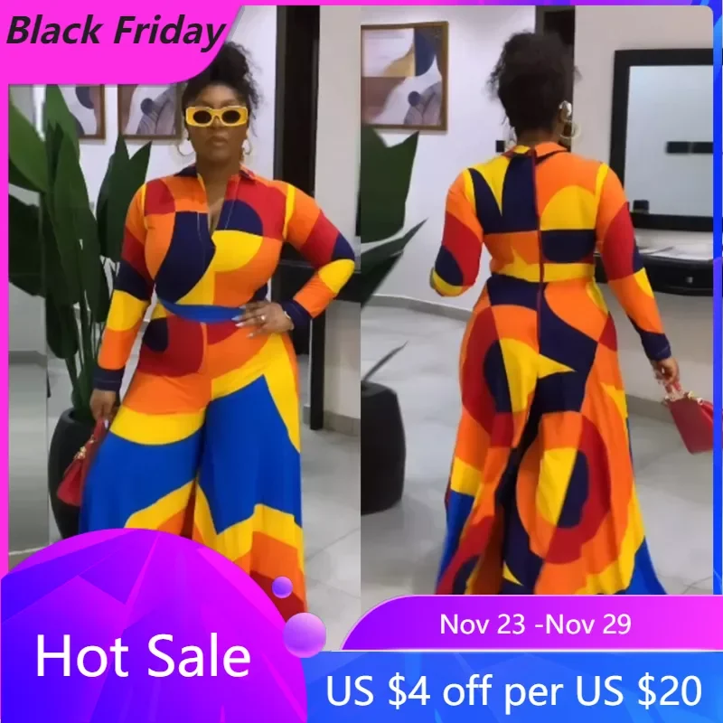 African Clothes for Women 2024 Spring Autumn African Long Sleeve V-neck Party Evening Long Jumpsuit Dashiki African Clothing elegant jumpsuit for women 2024 spring round neck sleeveless mock neck jumpsuit high waist wide leg pants overalls rompers