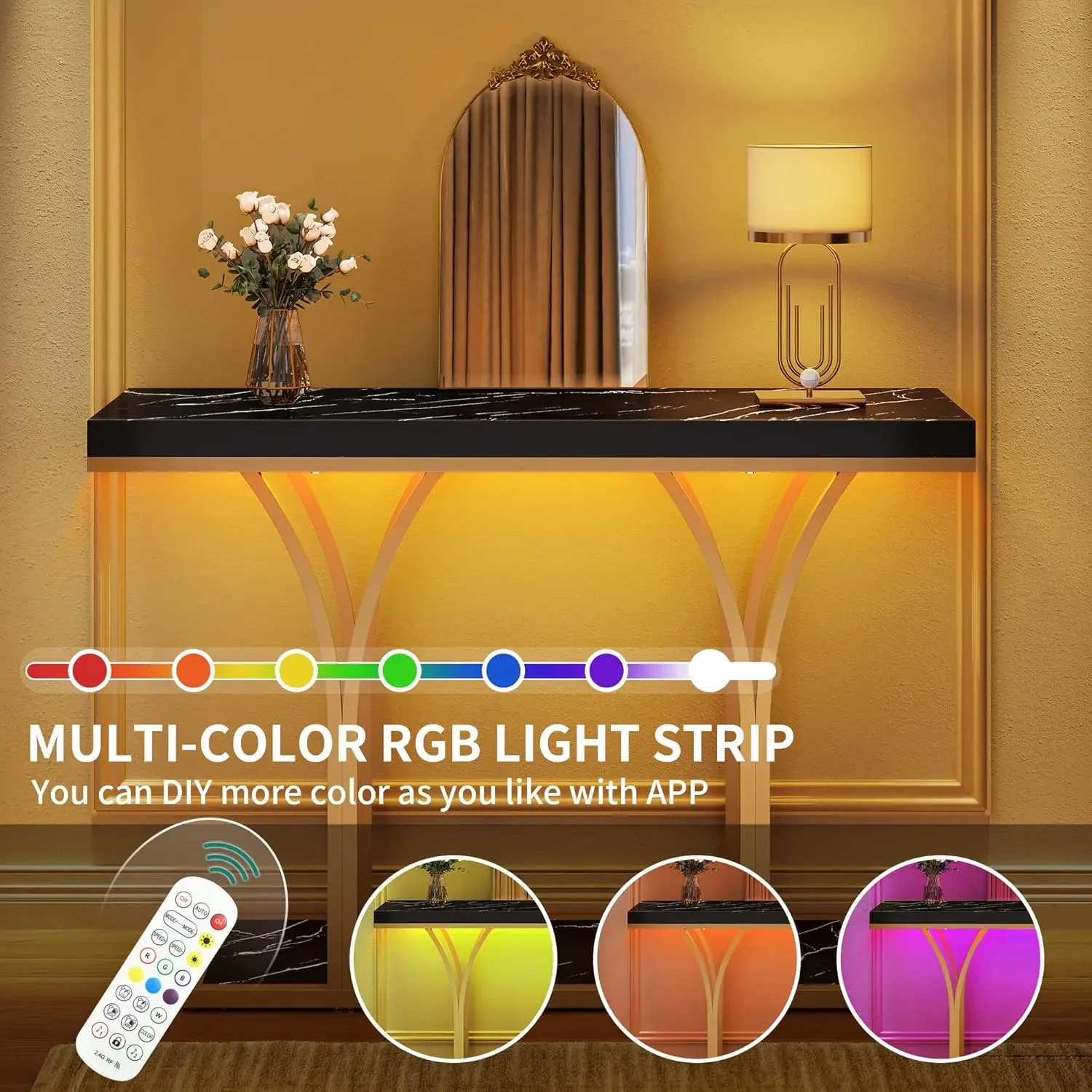 Gold LED Lit Modern 39-Inch Wide Console Table - Narrow Marble Top Foyer Furniture for Entryway, (Black)