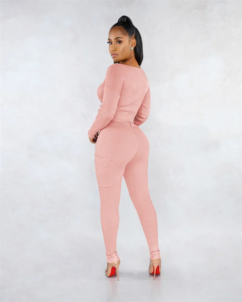 Women Solid Color Pitted Stripes Knitted Set Single-breasted Cardigan Short Tops High Waist Lace-up Pants Tight Two-piece Suits