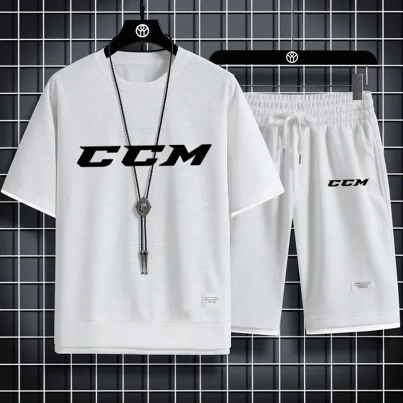 

Summer men's fashion casual sports set CCM printed round neck short sleeve T-shirt + five-quarter shorts two-piece set M-3XL