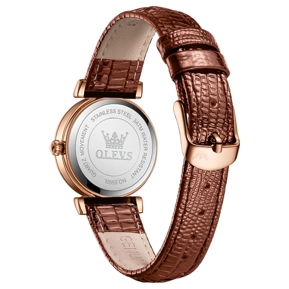 OLEVS Brand Retro Style Wrist Watches For Women Rose Gold Ladies Luxury Brand Genuine Leather Band Quartz Clock Zegarek Damski
