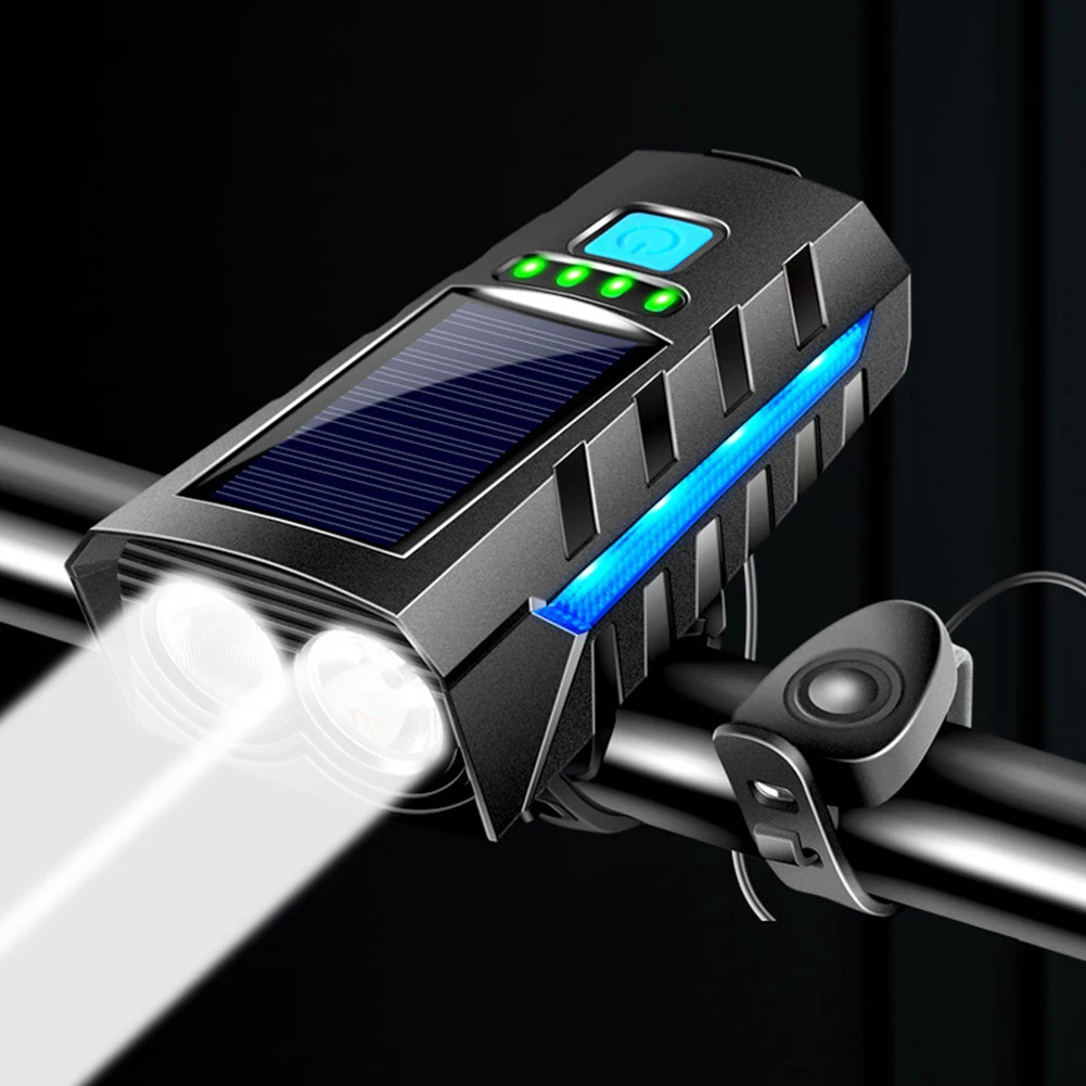 USB 충전식 태양광 발전 자전거 프론트 라이트, MTB 로드 바이크 프론트 램프, 하이 빔 자전거 손전등, 자전거 액세서리, 2400mAh
