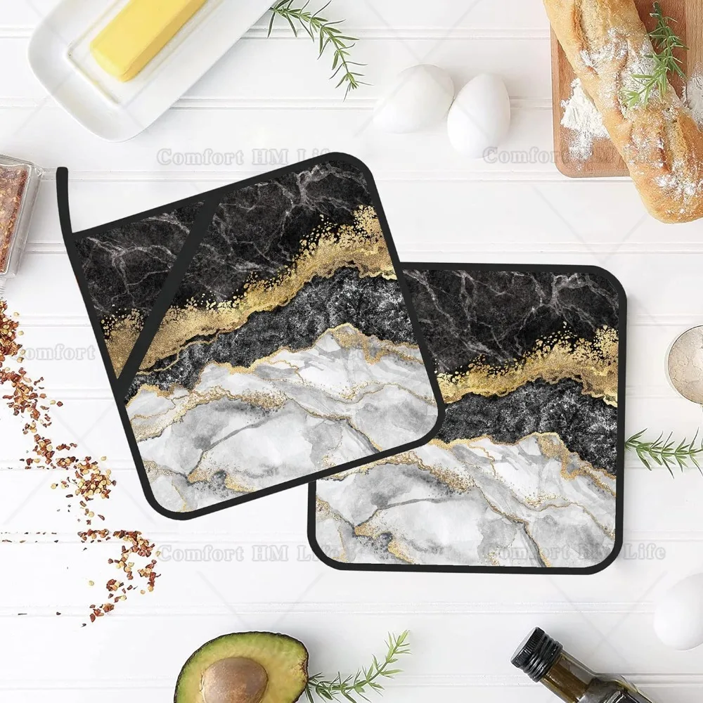 White Black Gold Marble Pot Holders Set of 2 Kitchen Heat Resistant Potholder for Microwave Cooking Baking Oven End Dishes BBQ