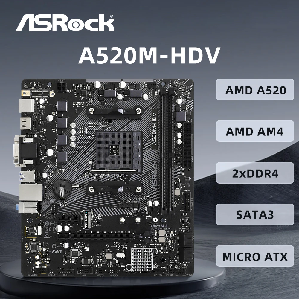 ASRock A520M-HDV Motherboard AMD A520 AMD Supports 5950X 5800X3D