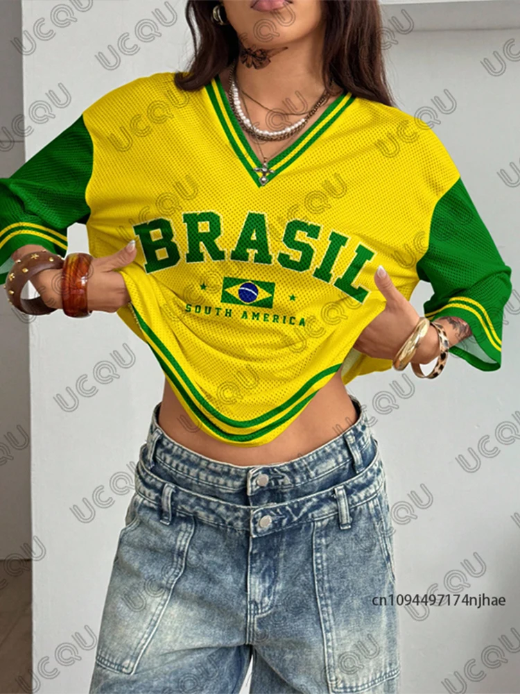Summer New Brazil Print T Shirt For Women V-Neck Patchwork Short Sleeve Sports Football Jersey Y2K Loose Oversized Vintage Tops - Image 3
