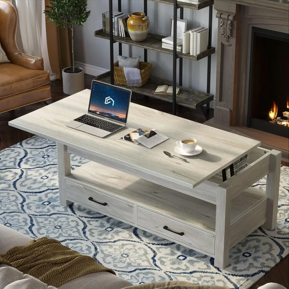 Coffee Table, Lift Top Coffee Table with Drawers and Hidden Compartment, Living Room Table with Wooden Lift Tabletop 2