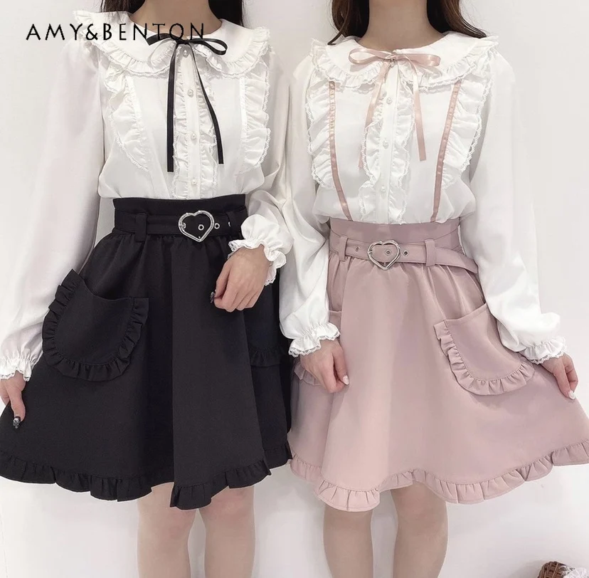 

Summer New Japanese Style Sweet Lotus Leaf A-line Skirt Women Double Pocket Love Belt Solid Color Black Basic Mini Skirt
