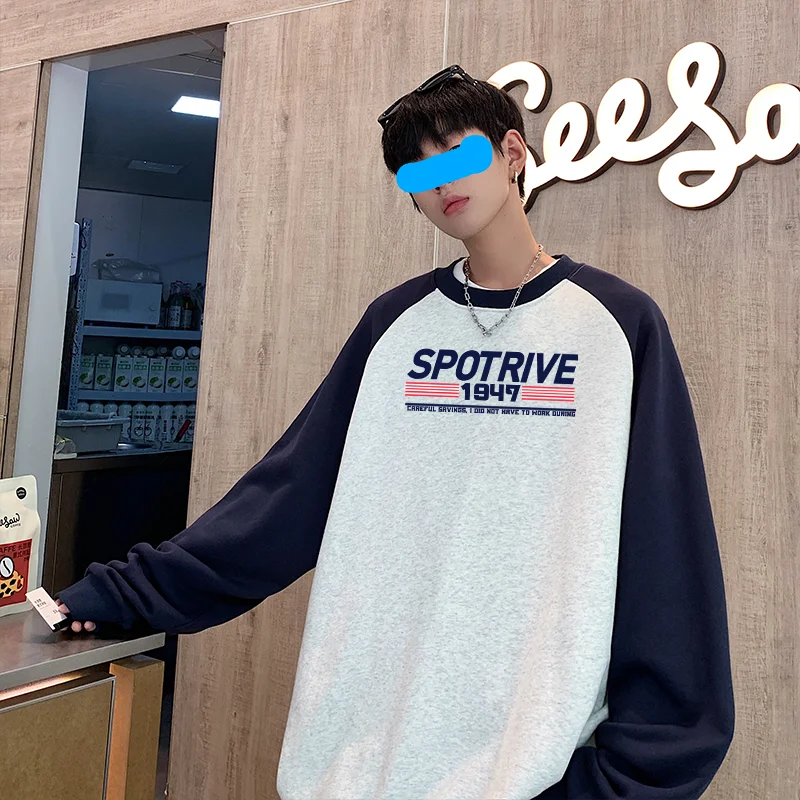 

Contrast Color Pullovers Sweatshirts Men's Baggy Patchwork Fashion Raglan Sleeve Brand Crew Neck Tops 2023 Autumn Streetwear