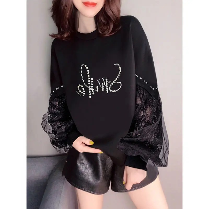 Fashion O-Neck Beading Spliced Gauze Lace Blouses Women's Clothing 2024 Spring Summer New Loose All-match Tops Casual Shirts