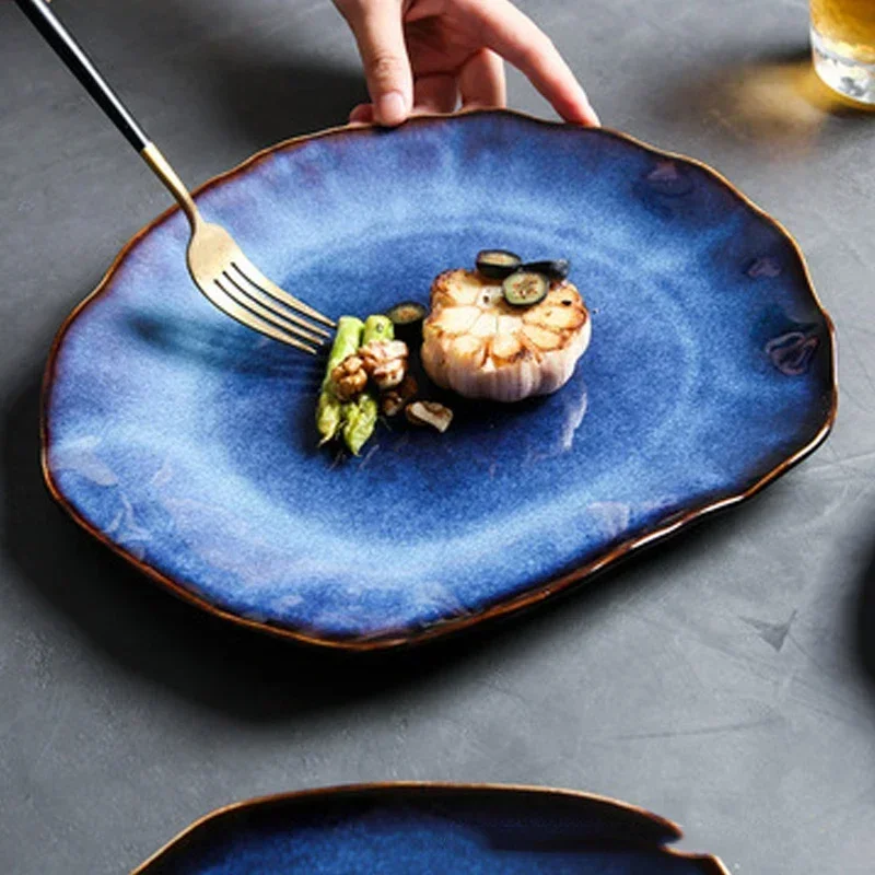 Deep Blue Irregular Ceramic Plate - Elegant Pottery Dish