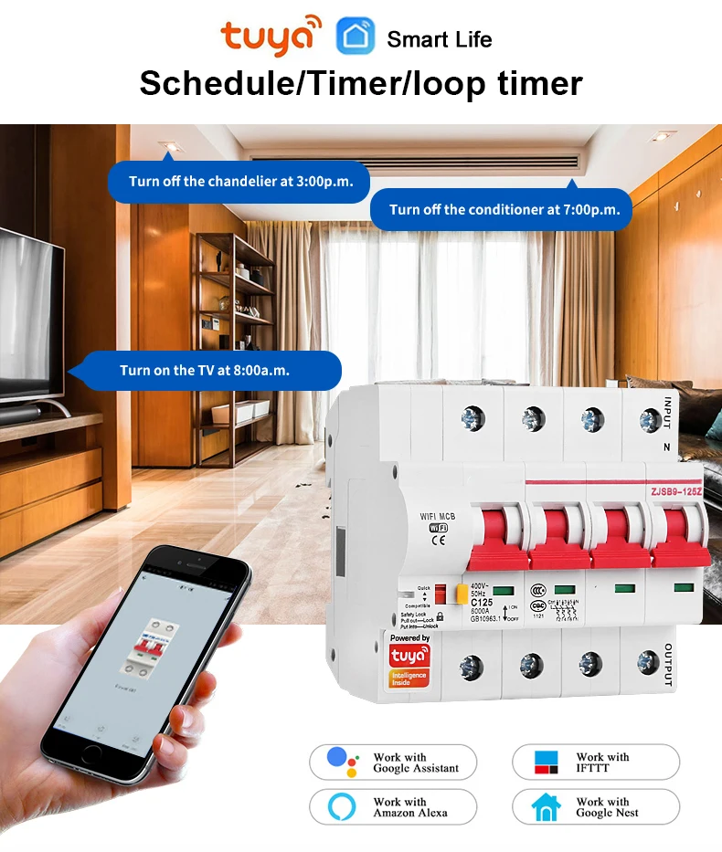Tuya Smart Life 63A 4P WiFi Smart Circuit Breaker Power Monitoring Switch Remote
