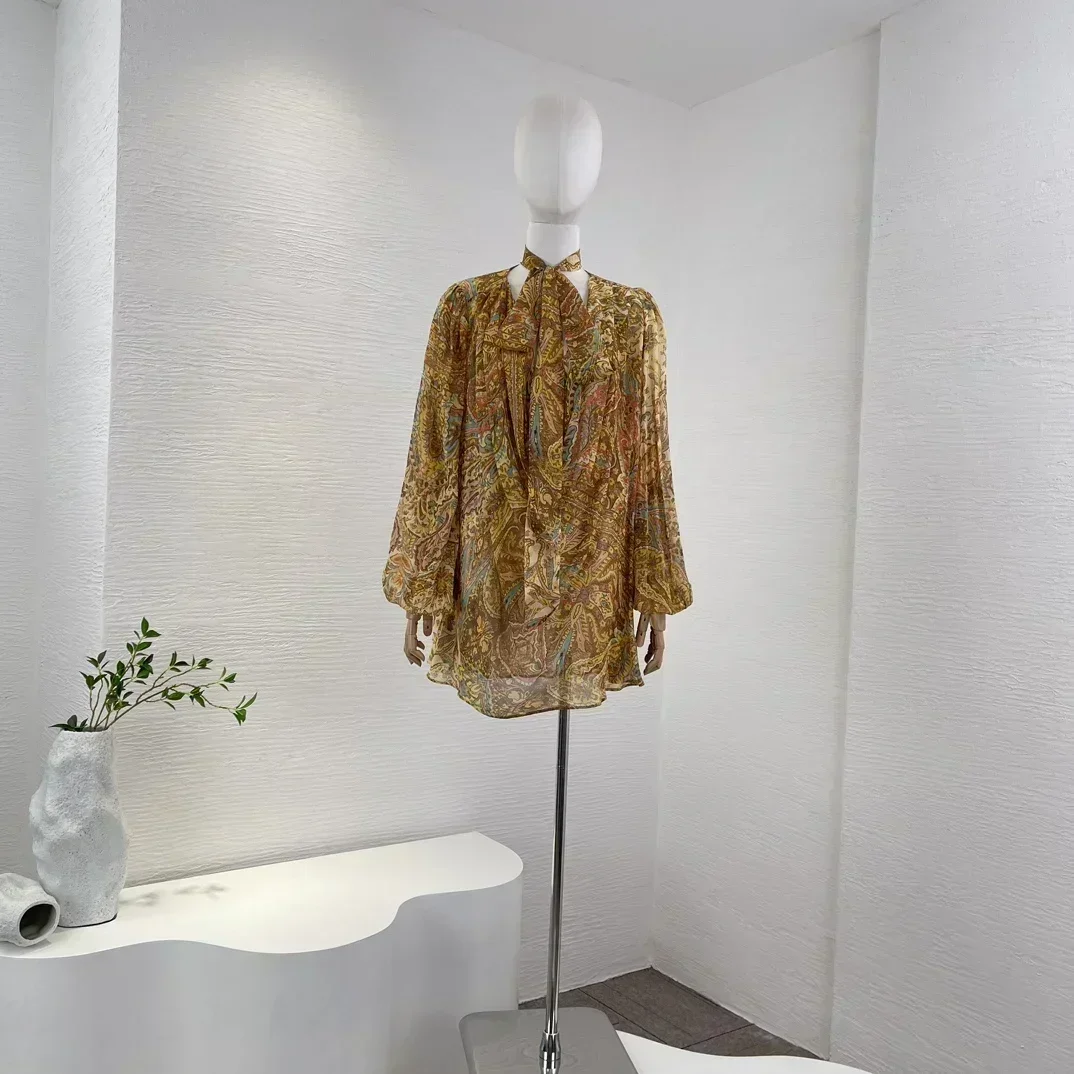 

Newest 2023 Autumn Collection Pure Silk Spring Paisley Print Long Sleeve Blouse Tops