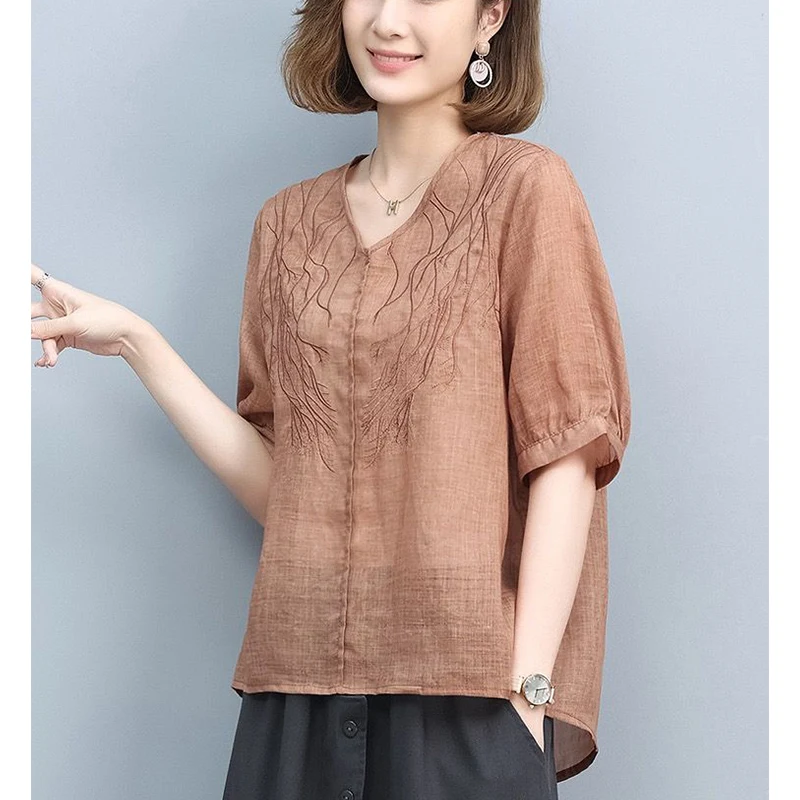 Summer New Cotton Linen Embroidery Loose Casual Pullover Top Women Solid Color Fashion Oversized Shirt Ladies Comfortable Shirt