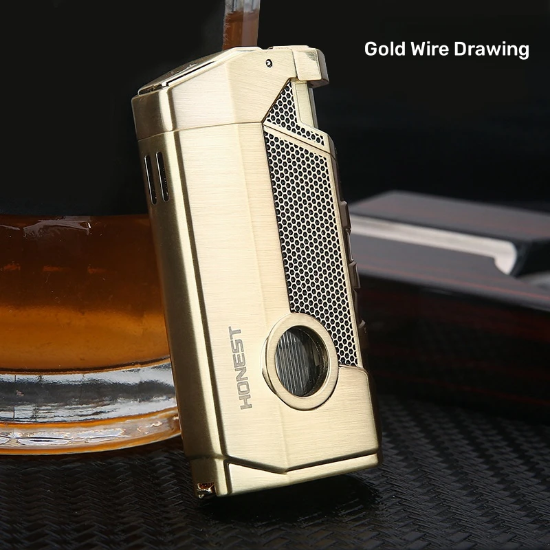 Honest Windproof Three Fire Direct Blue Flame Lighter Inflatable Gas Lighter with Cigar Tool High-end Business Men's Gift 6