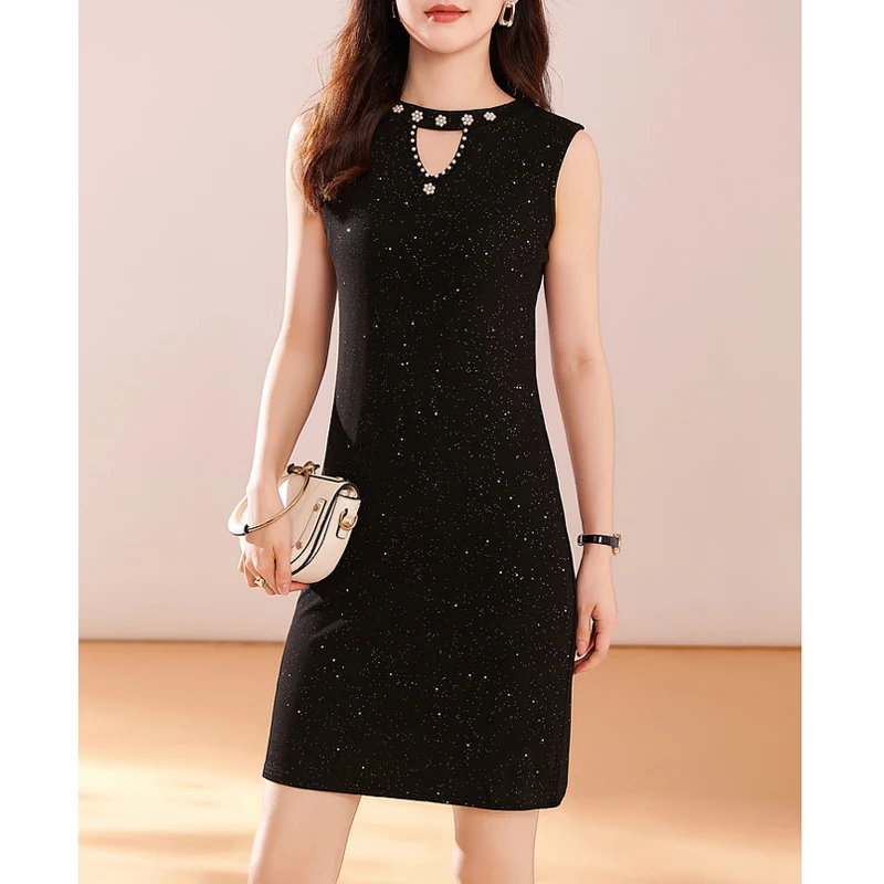 

Sexy Bright silk Dress Half high neck Hollow out Beaded Vest dress Sleeveless Women Summer dress