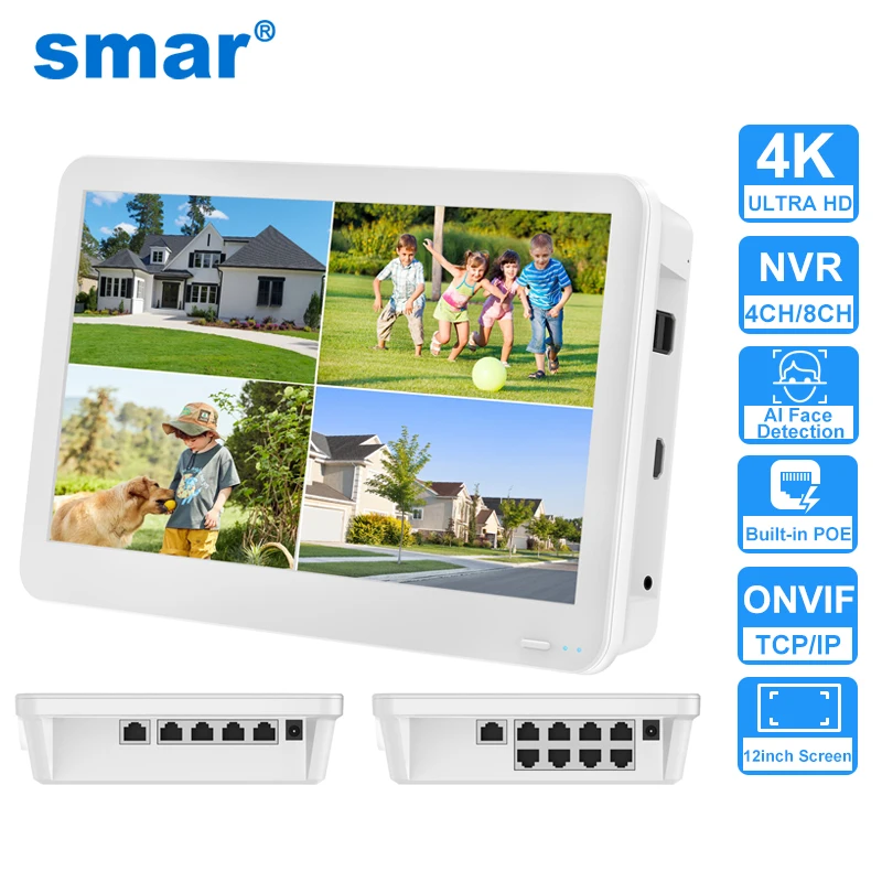 Smar 4/8CH POE NVR With Monitor 4K Ultra HD 12 Inch Screen Network Video Recorder H.265 NVR For Security Camera System ICSee APP,network video recorder