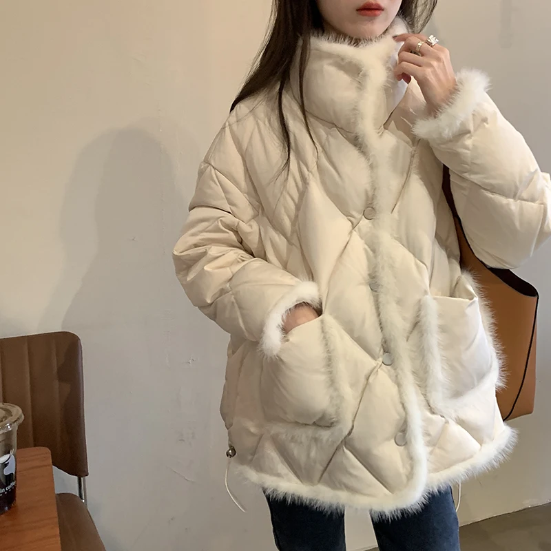 

Women's Winter Cotton Padded Coats Single-breasted Button Fringe Trim Fuzzy Korean Warm Baggy Female Fleece Parka Jackets