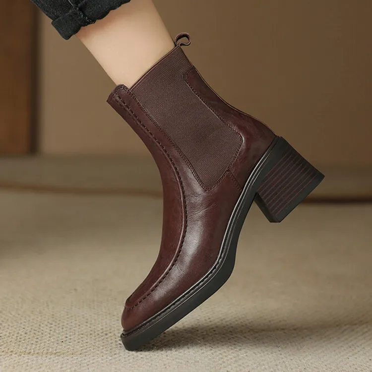 

Vintage Pleated Brown Leather Women Chelsea Boots Platform Autumn Short Botas Elastic Band Black Knight Botines Sapatos Mujer