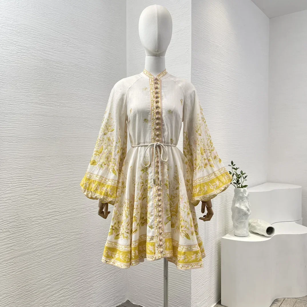

Linen Yellow Golden Position Floral Print Full Lantern Sleeve Stand Neck 2024 Holiday High Quality Women Mini Dress