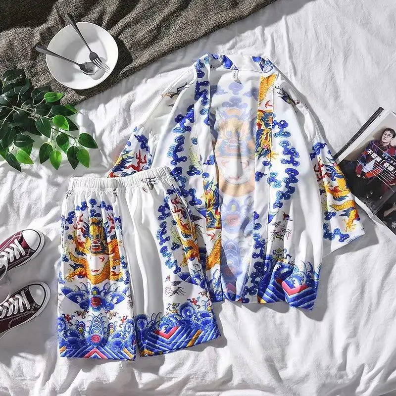 

Комплект пижамный мужской из 2 предметов, хлопковый тонкий халат-кимоно с коротким рукавом и шорты, повседневный свободный пижамный комплект с рисунком журавлей, лето