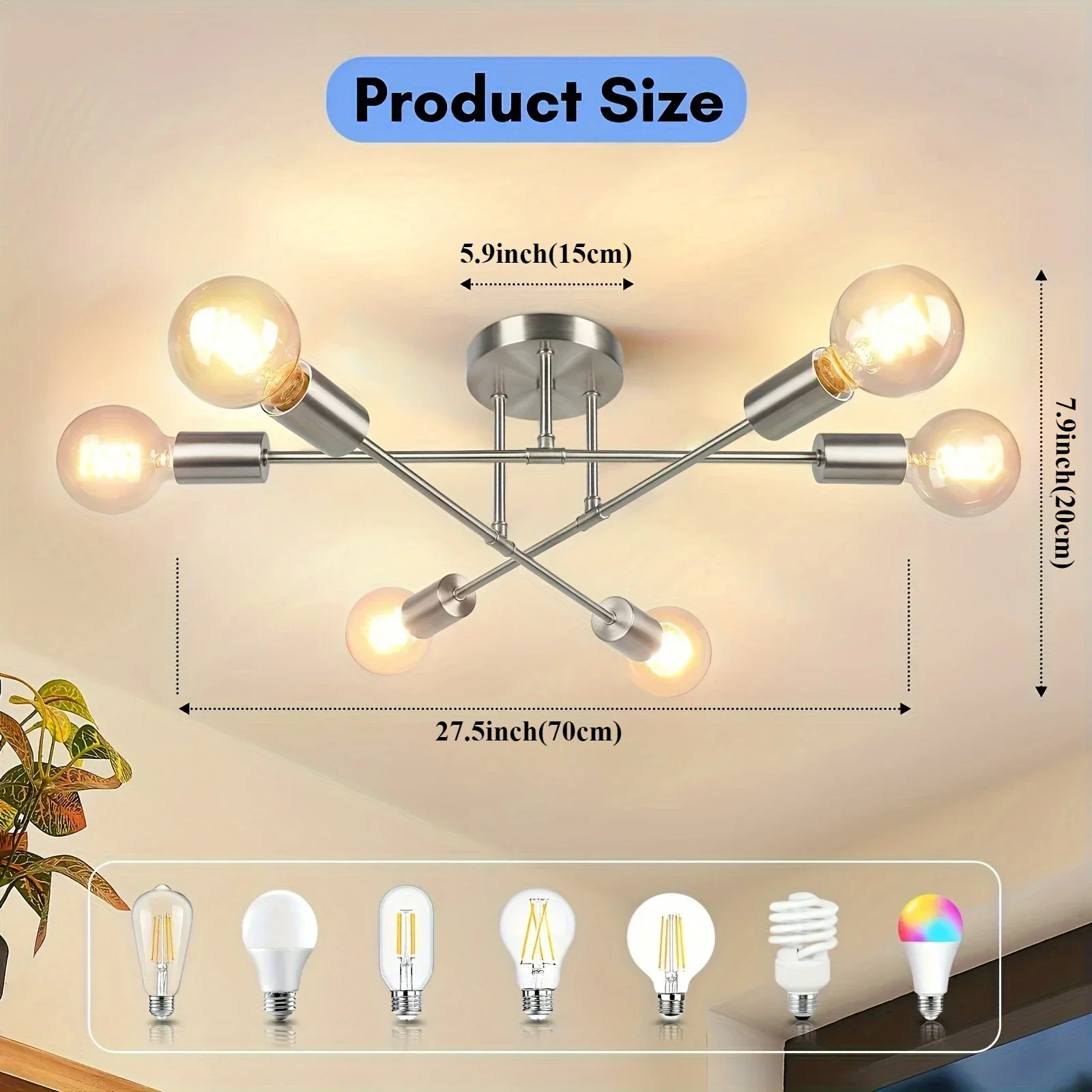 6-Light Sputnik Chandeliers Fixture for Living Room Bedroom Mid-Century Chrome Copper E27 Semi-Flush Mount Ceiling Lights Vintage Chandelier