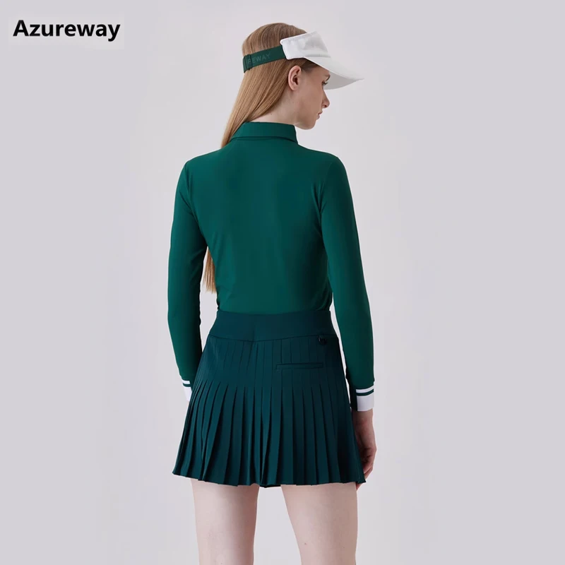 Azureway Golf Women's Dark Green Long-sleeved T-shirt Slim-fit Top Fall/winter Sports Bottoming Shirt Skirt Ladies Golf Wear