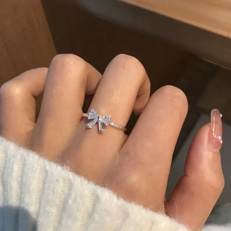 Romantic lovely bowknot rings female girls jewelry ring with shiny bow tie zircon for party dating lovers gifts