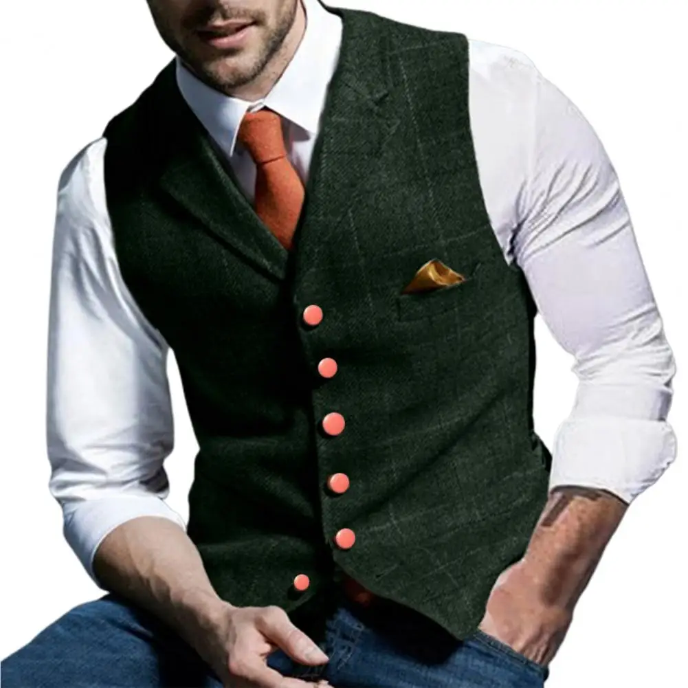 Business Vest Men Turn-down Collar Sleeveless Punk Style Single-breasted Men Waistcoat