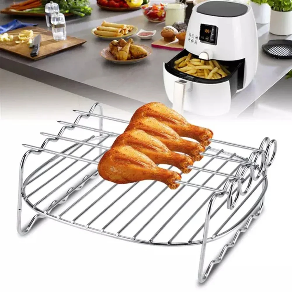 Baking Tray Skewers Air Fryer Stainless Steel Holder BBQ Rack Double Layer Grill Baking Tray Replacement Barbecue Kitchen Tools
