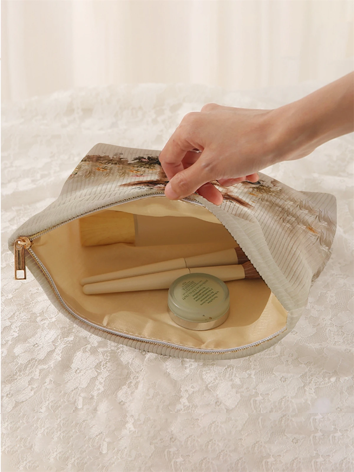 1pc calf pattern printed corduroy makeup bag, lightweight zipper makeup storage box, multifunctional bag with lining