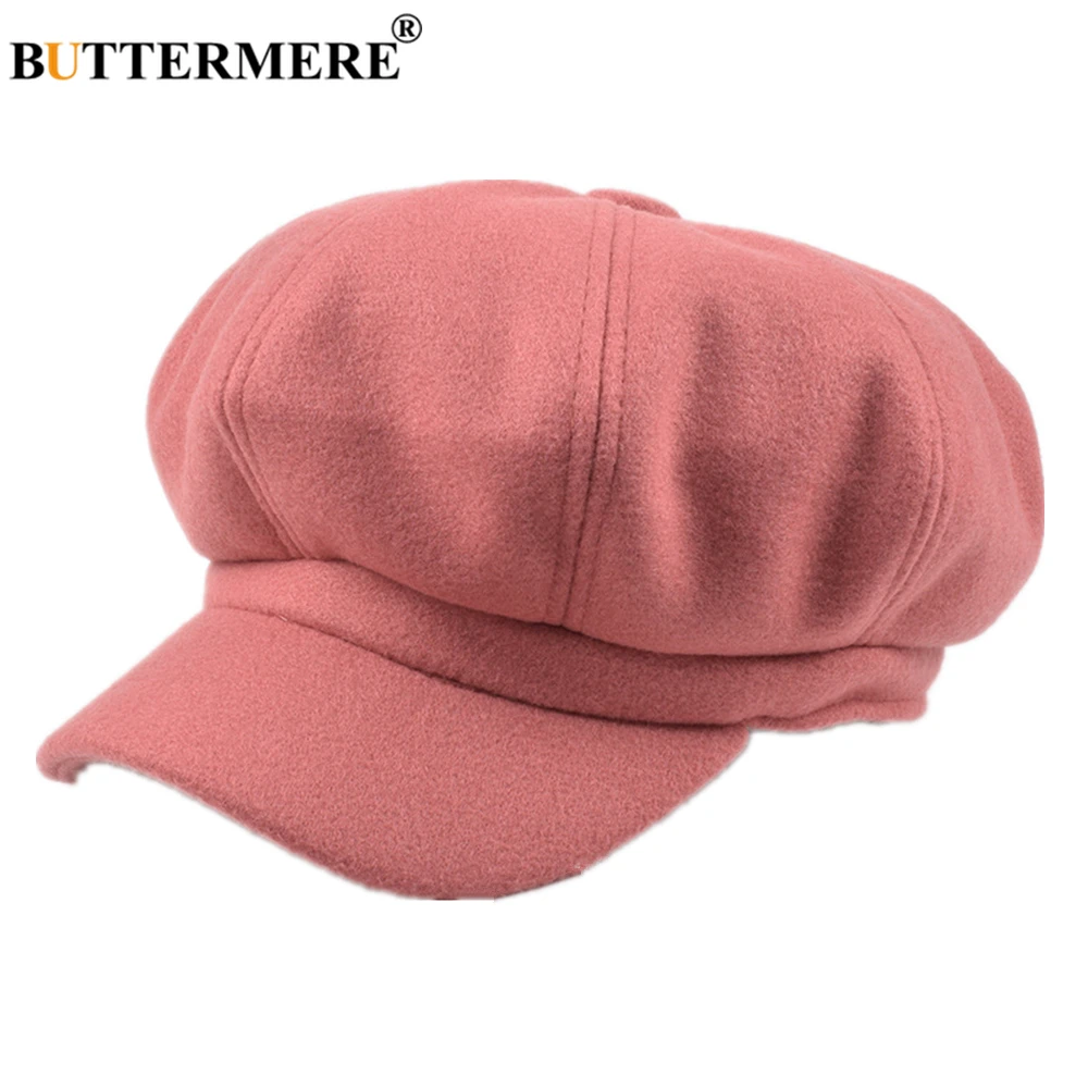 BUTTERMERE Wool Newsboy Cap Red Hats for Women Solid Ladies Baker Boy Hat Female Beret Brand Autumn Winter Vintage Octagonal Cap