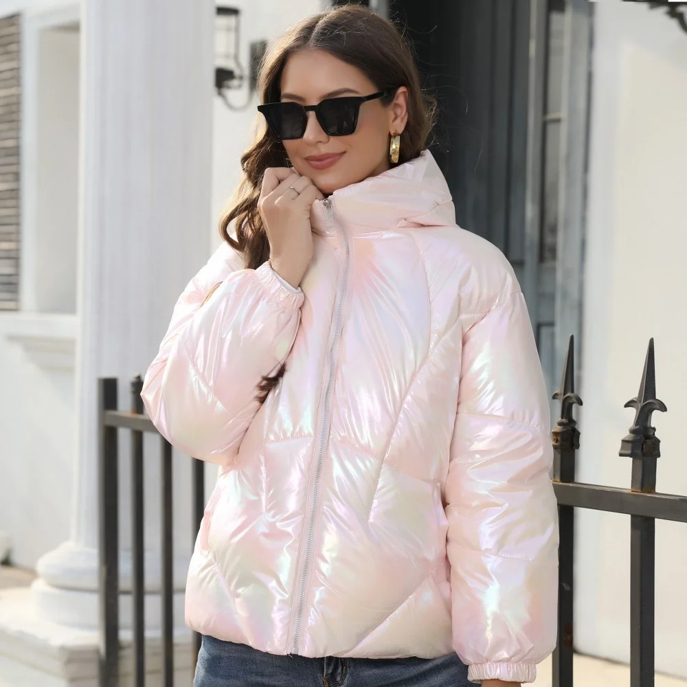 

Women's 2023 Winter New Fashion Bright Face Cotton Coat Hooded Bread Coat Warm Cotton Coat
