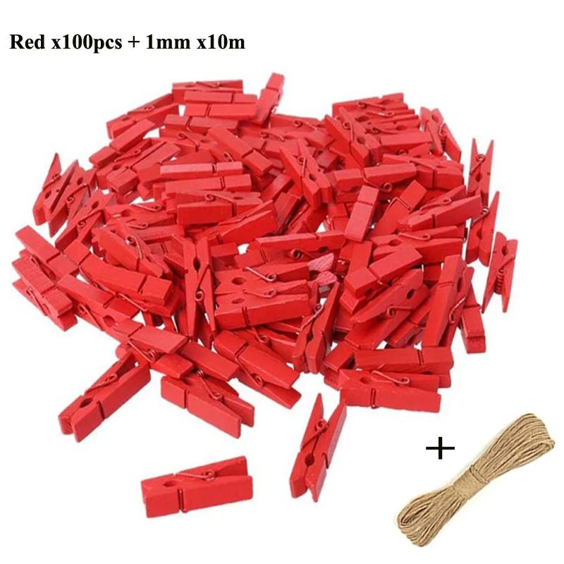 Mini Wood Clothespins with Hemp Rope for Crafts and Photo Displays, Pack of 50