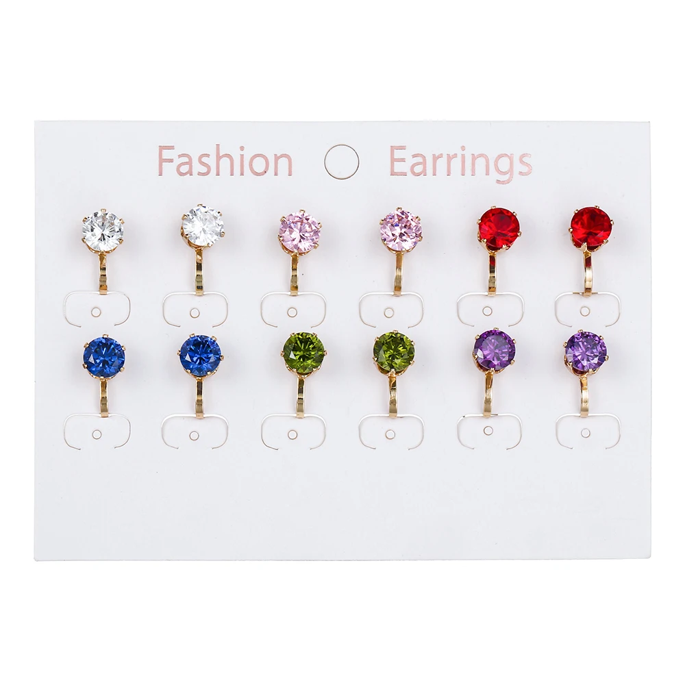 Female Round Colorful Zircon Stone Clip on Earrings 6 Pairs/set For Women Gift ear clip earrings clip earrings ear clip ear accessories