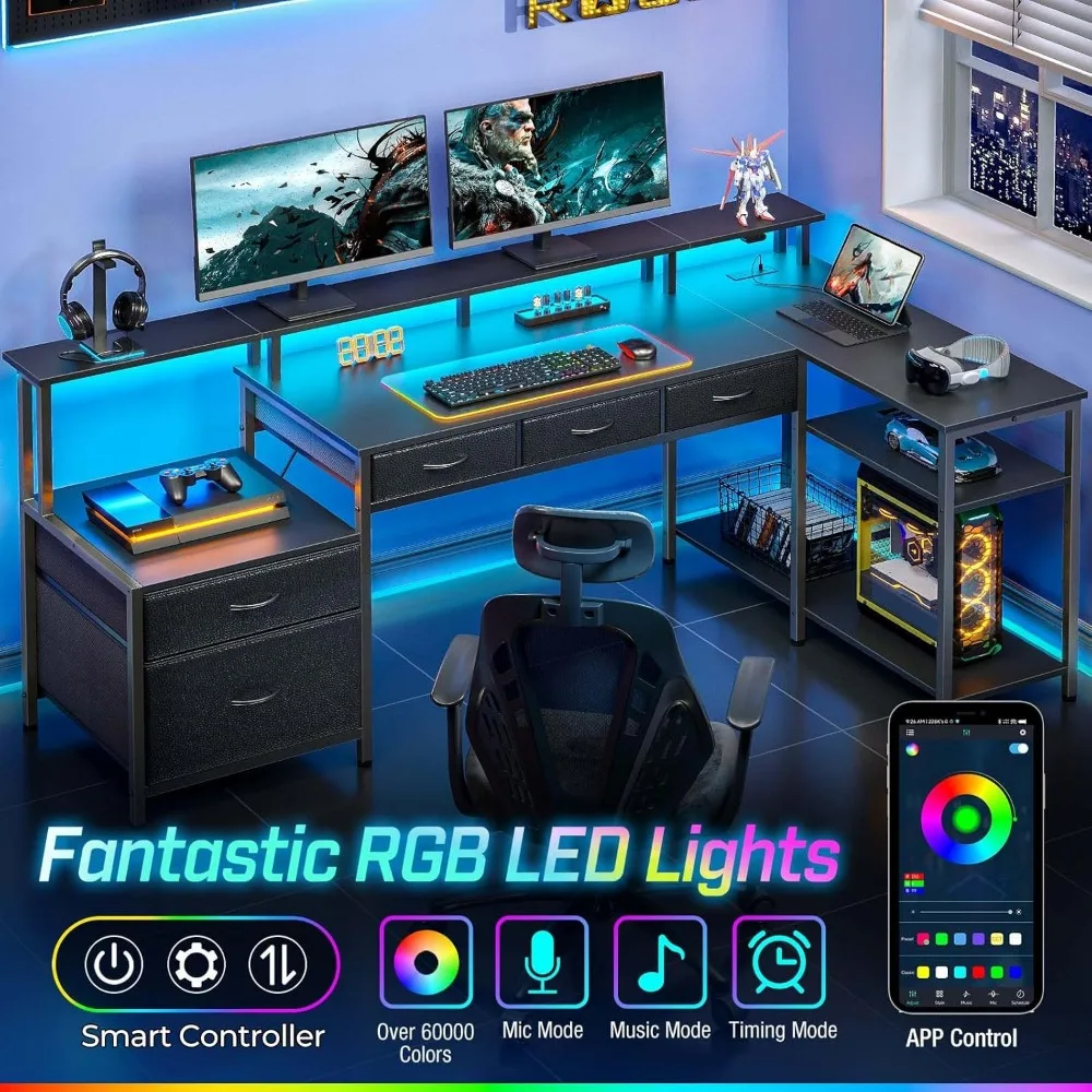 L Shaped Desk with File Drawers, 64" Home Office Desk with Power Outlet & LED Lights, Reversible Gaming Desk 3