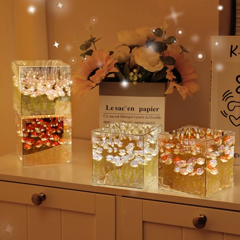 DIY Rose Flower Cube Lamp Simulation Flower Bedroom Sleeping Table Lamp Handmade Mirror Night Light Desktop Decoration Gift